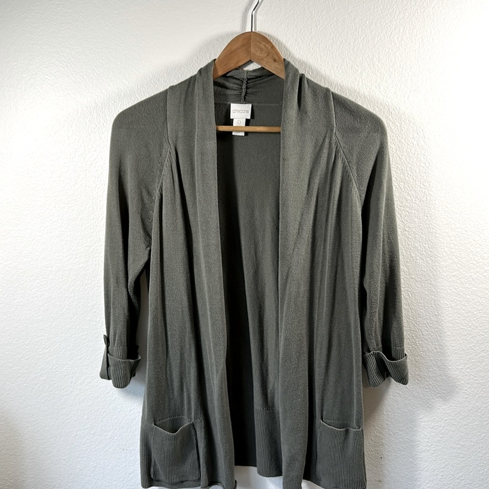 Chico sage green, open front 3/4 sleeve sweater, size 0